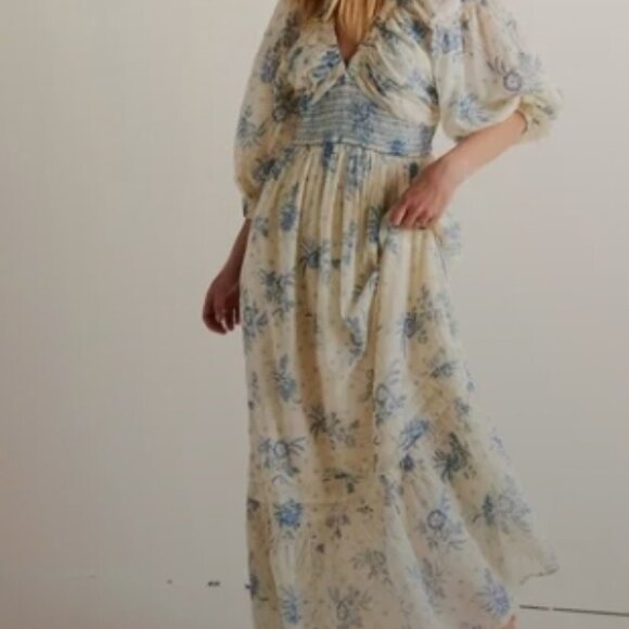 FREE PEOPLE Golden Hour Maxi Dress Floral Ivory Blue Boho Large 🆕📦🏃🏻💨🚚 - Picture 7 of 16